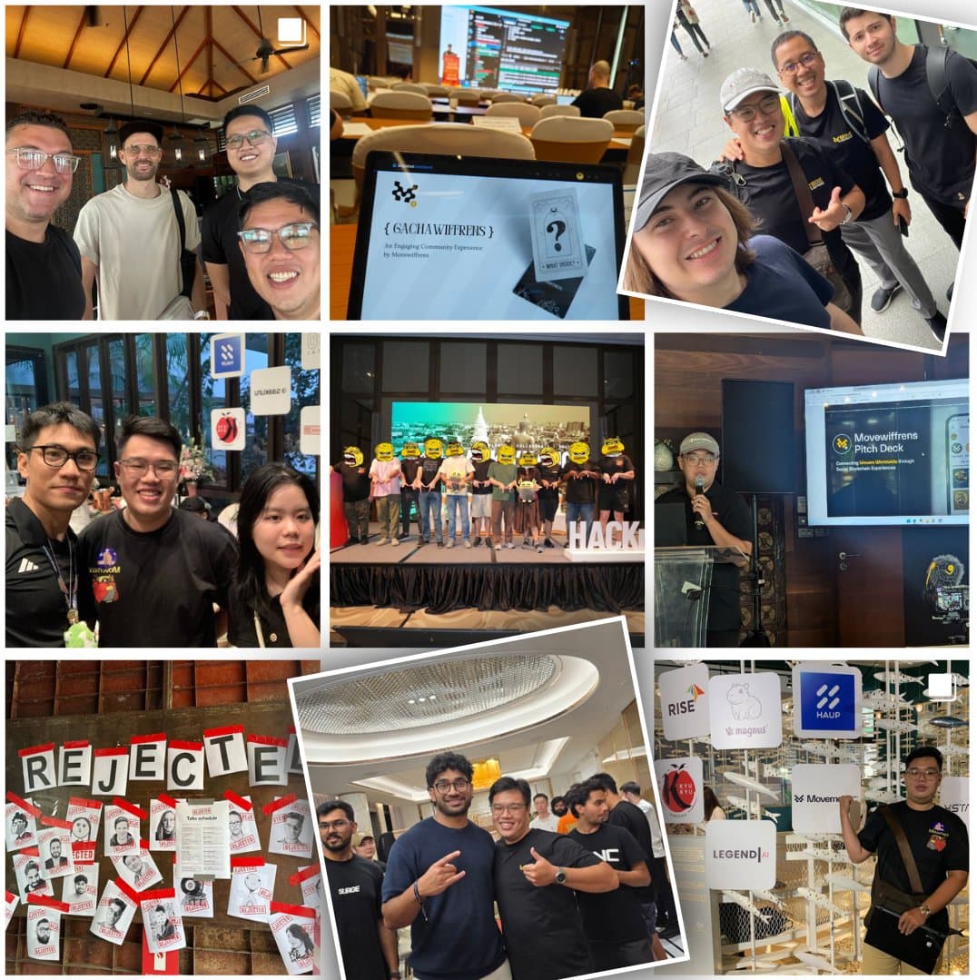 Movewiffrens hackathon collage — pitch, team, stage